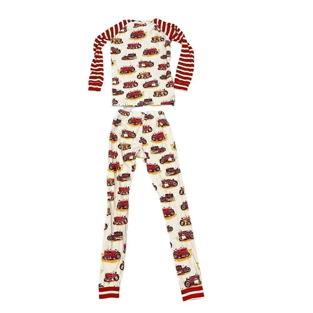 Hatley Kids Size 10 Organic Cotton Tractor Print Pajama Set Red Cream Snug Fit‎